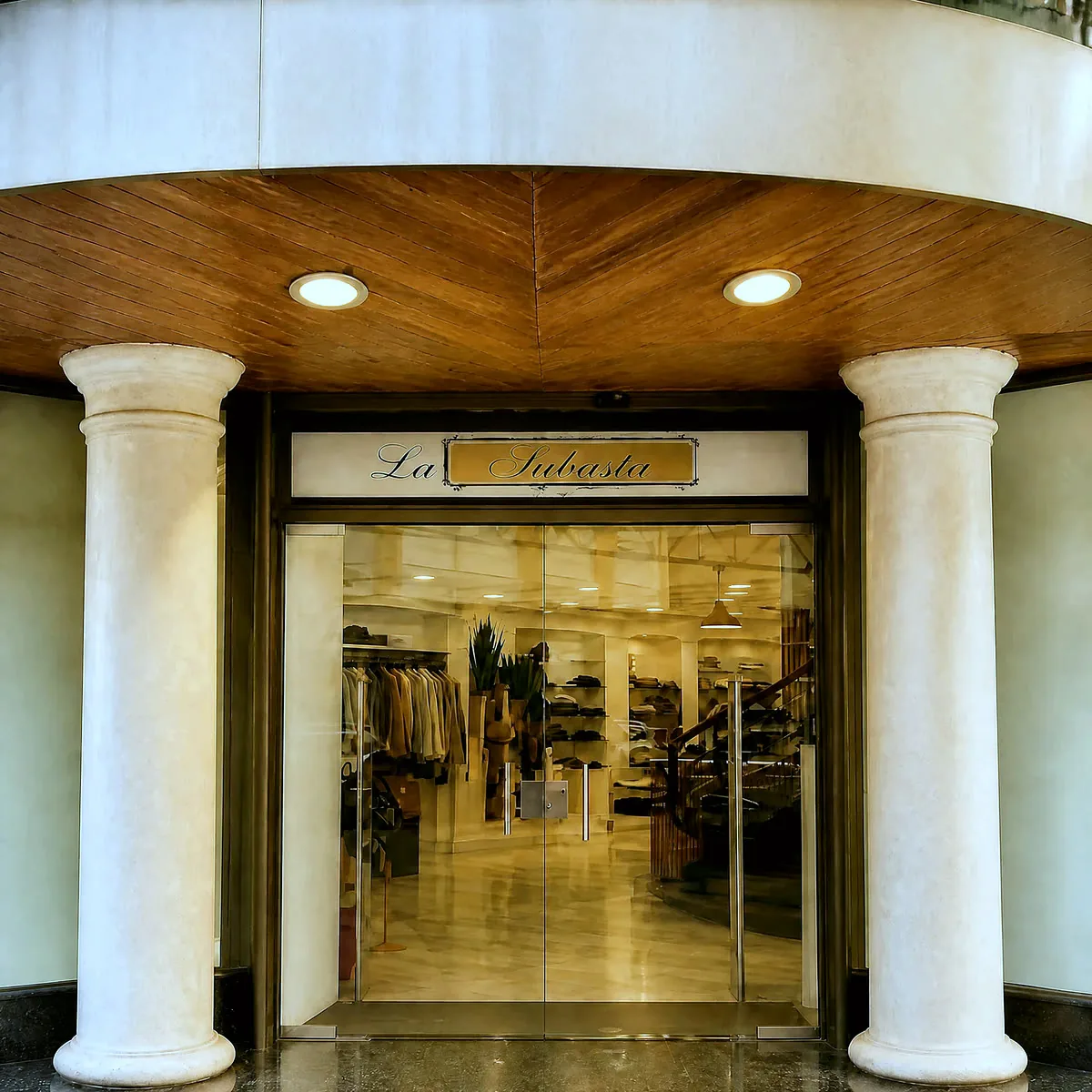 Entrada de La Subasta: las dos columnas de piedra, el techo de madera y el rotulo sobre la puerta